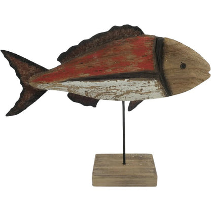 Handcrafted Red + Whitewash Fish on Base 30x6x23cm