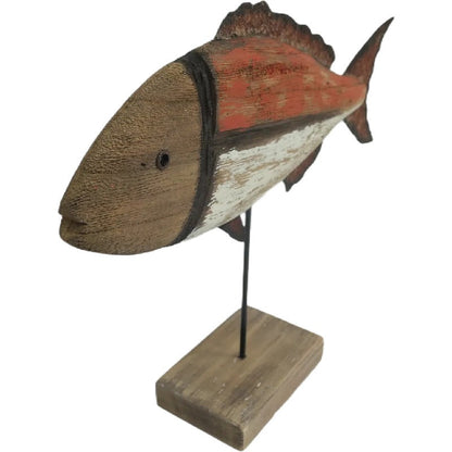 Handcrafted Red + Whitewash Fish on Base 30x6x23cm