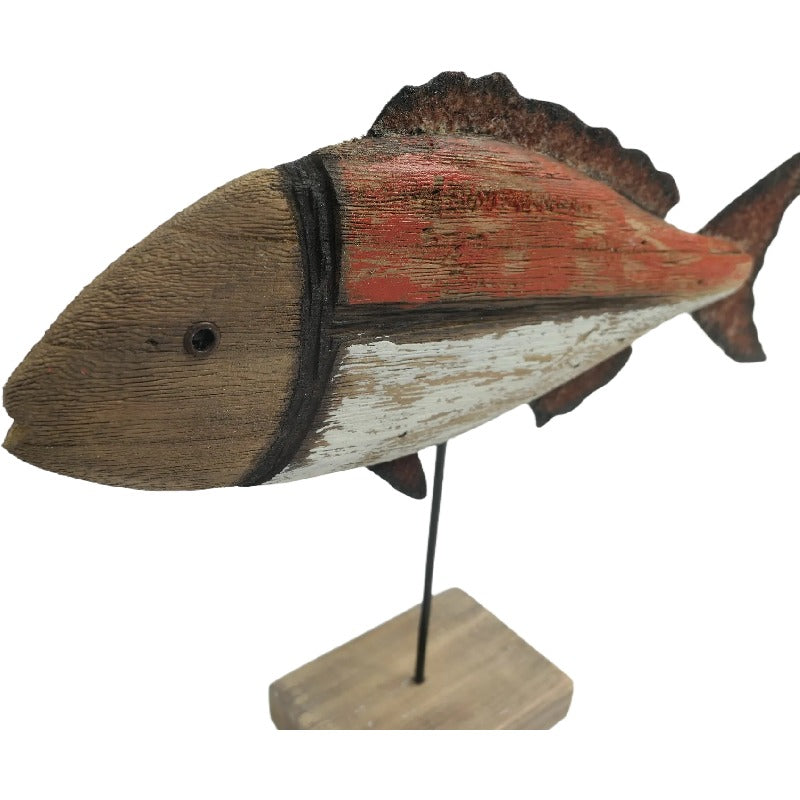 Handcrafted Red + Whitewash Fish on Base 30x6x23cm