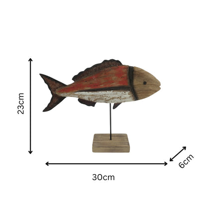 Handcrafted Red + Whitewash Fish on Base 30x6x23cm