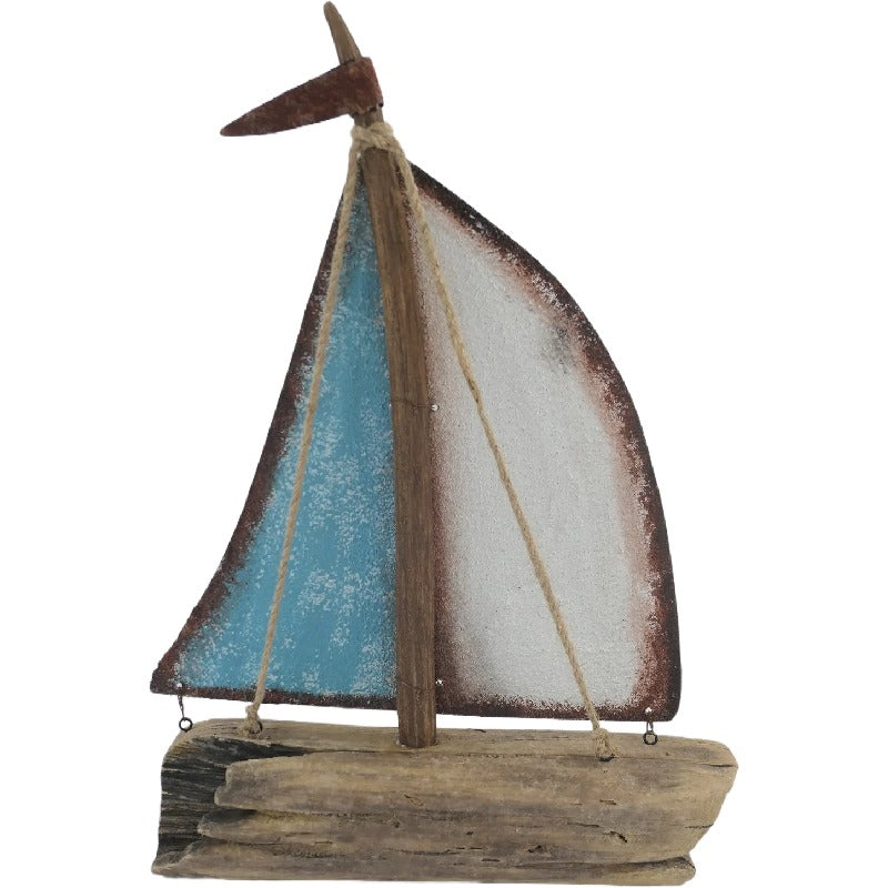 Handcrafted Sailboat w/Blue + Whitewash 26x6.5x35cm