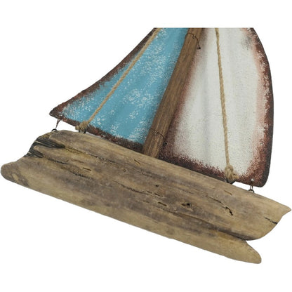 Handcrafted Sailboat w/Blue + Whitewash 26x6.5x35cm