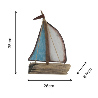 Handcrafted Sailboat w/Blue + Whitewash 26x6.5x35cm