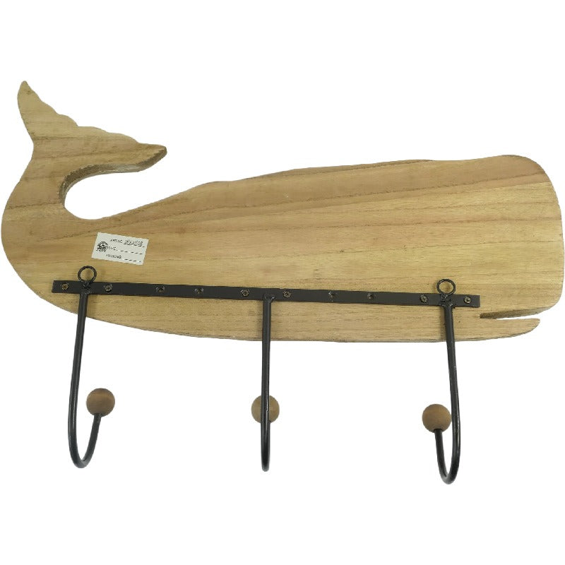 Handcrafted Wooden Whale Wall Hanging w/3 Hooks 56x11x39cm