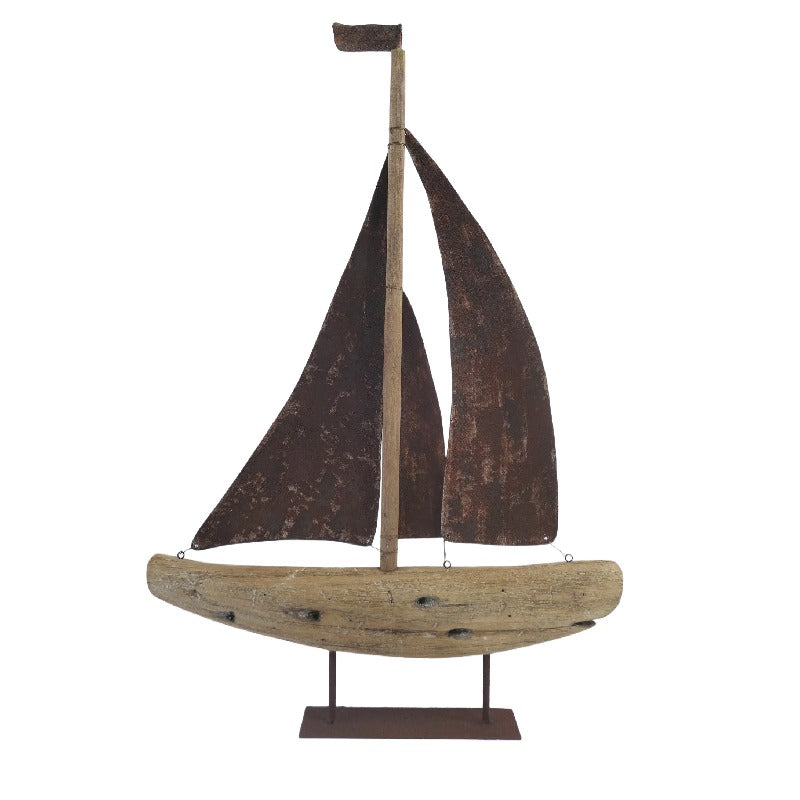 Handcrafted Timber + Rust Metal Sailboat 47x8.5x70cm