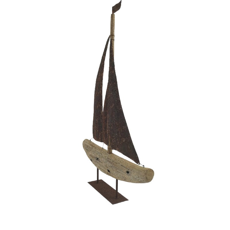 Handcrafted Timber + Rust Metal Sailboat 47x8.5x70cm