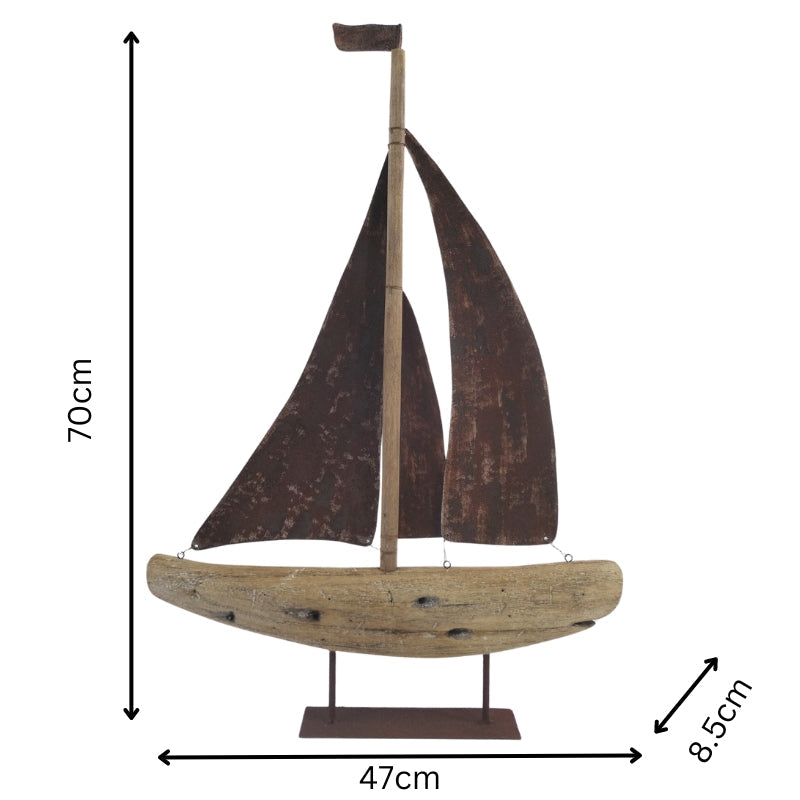 Handcrafted Timber + Rust Metal Sailboat 47x8.5x70cm