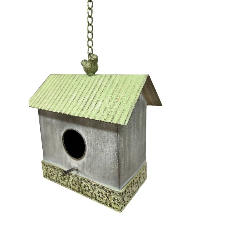 Galvanised + Green Detail Hanging Birdhouse 21.5x14x21.-62cm