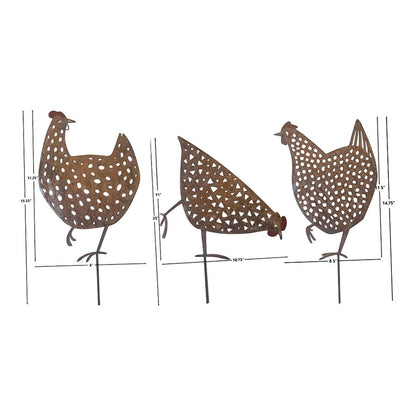 Set/3 Asst Rust Chook Family Garden Stakes 19x0.6x35cm