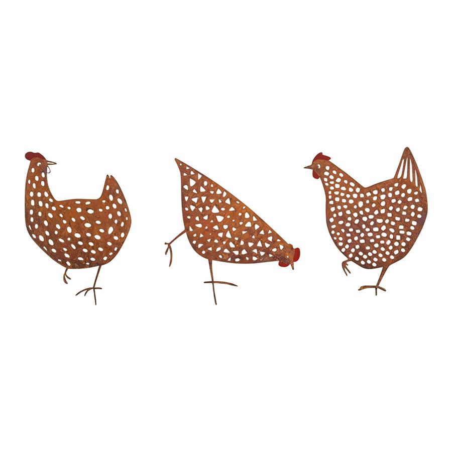 Set/3 Asst Rust Chook Family Garden Stakes 19x0.6x35cm