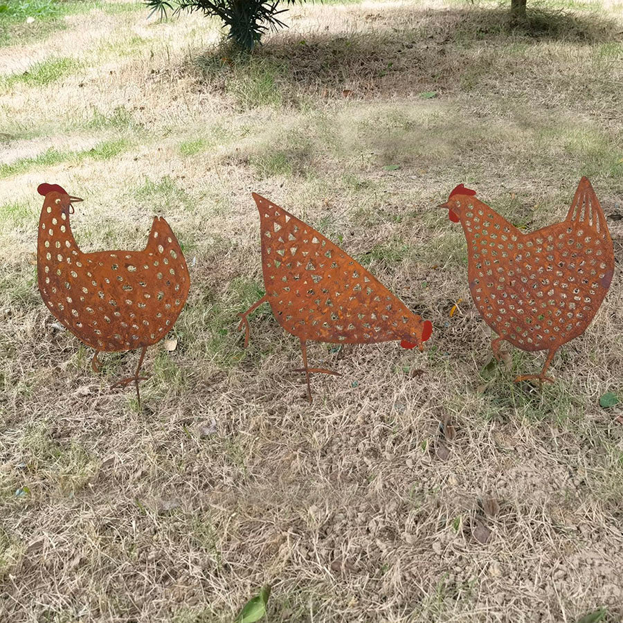 Set/3 Asst Rust Chook Family Garden Stakes 19x0.6x35cm