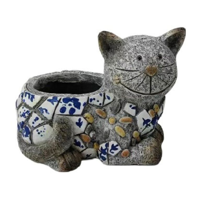 Blue + White Style Cat Planter w/Hole + Plug 31x20x23cm