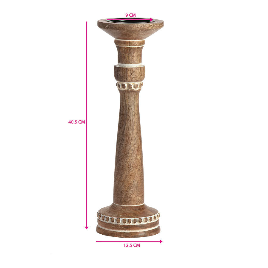 30cm Handcrafted Carved Mango Wood Pillar Candleholder 30x12.5cm