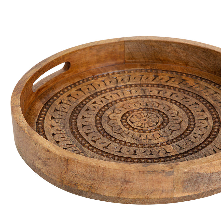 Carved Mango Wood Round Mandala Tray 40x5cm