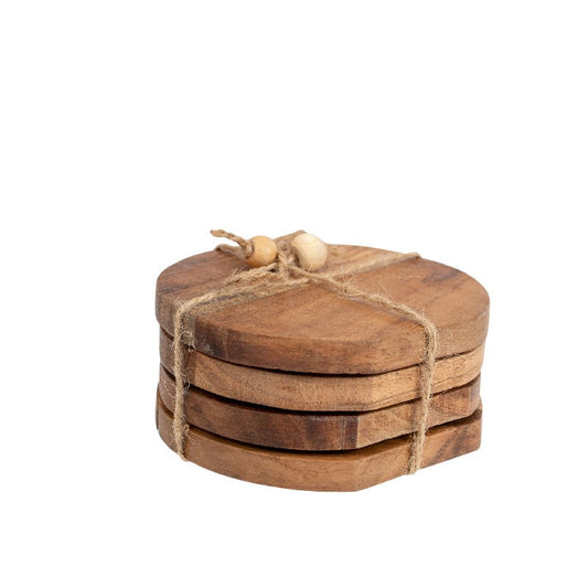 Handcrafted Mango Wood NATURAL 4-PIECE Coaster Set w/Tie 10x10x5cm