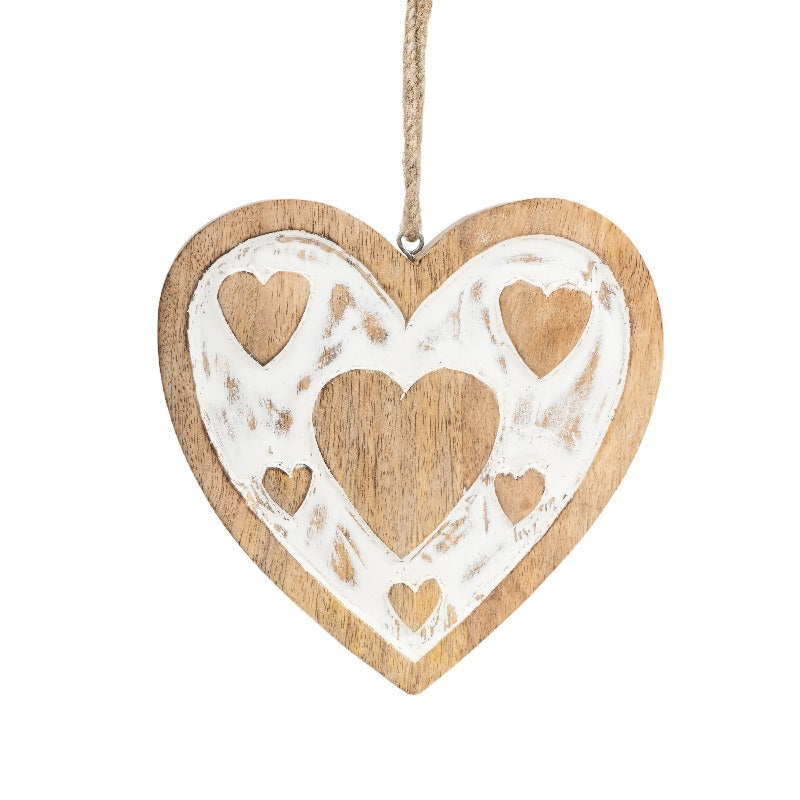 Set/2 Nested Handcrafted Hanging Whitewash Hearts 15x2.5x18/10x2.5x13cm