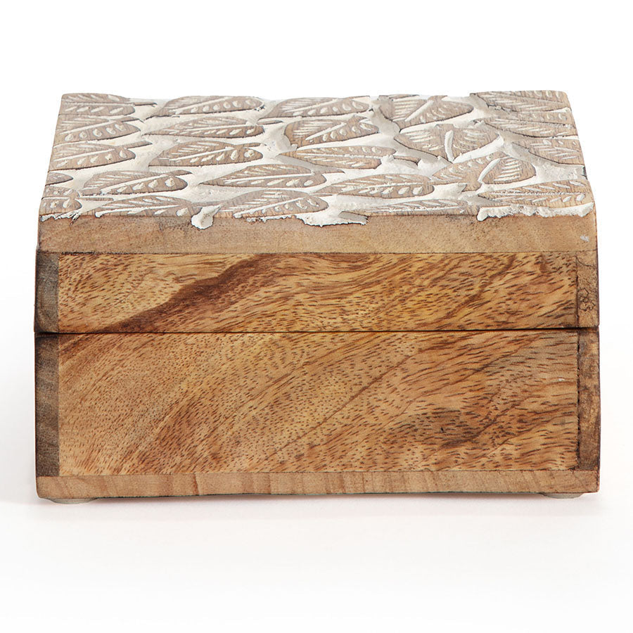 Hand-Carved Square Mango Wood 'Embossed Leaves' Box 15x15x8cm