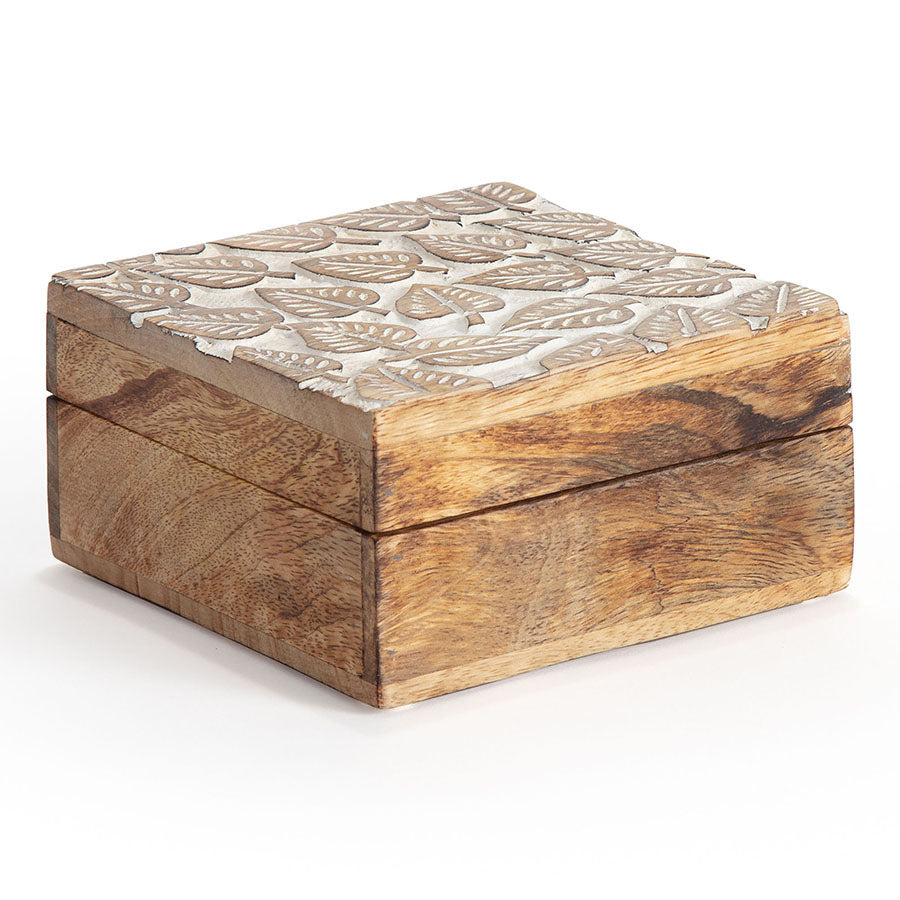 Hand-Carved Square Mango Wood 'Embossed Leaves' Box 15x15x8cm