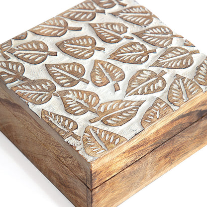 Hand-Carved Square Mango Wood 'Embossed Leaves' Box 15x15x8cm