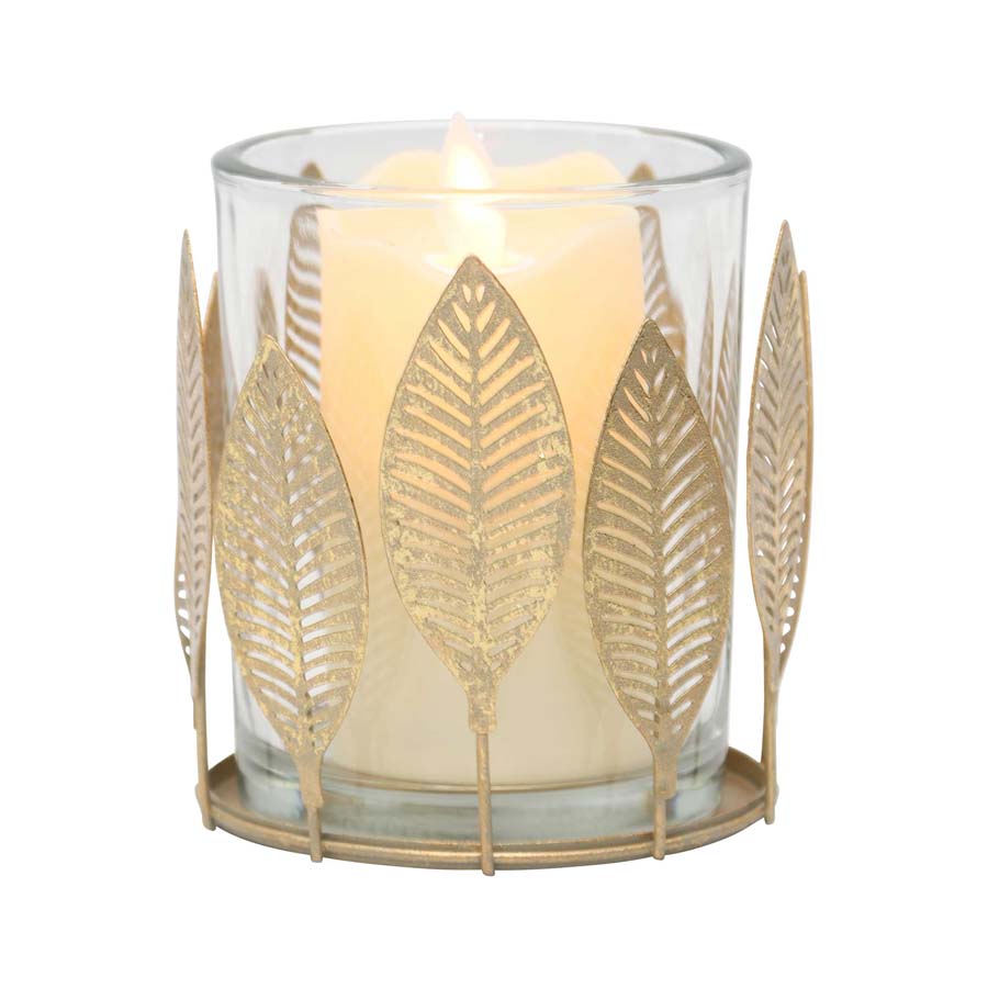 Glass Candleholder w/ Lustre Leaves 10x9.5cm