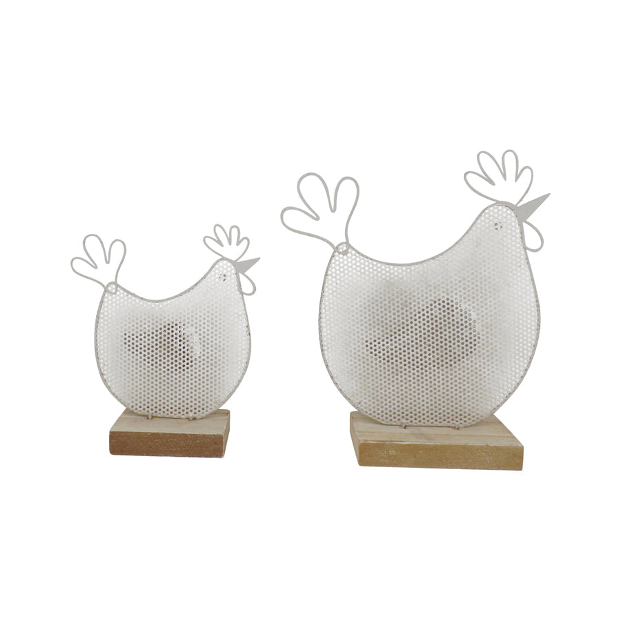 Set/2 Mum & Child Wire Chooks on Wood Base 19x4.5x16/14.5x4x11.5cm