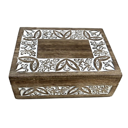 Hancrafted Mango Wood Carved Rectangular Box 22.5x17.5x7.5cm