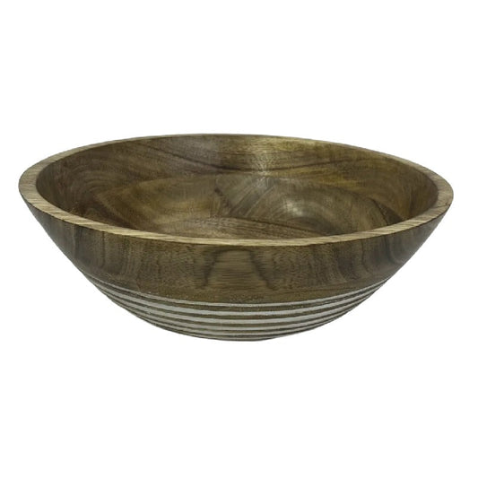 Handcrafted Mango Wood Bowl w/Subtle White Carving 30x30x10cm