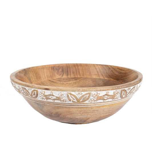 Handcrafted Mango Wood Bowl w/Leaf  Carving 30x30x10cm