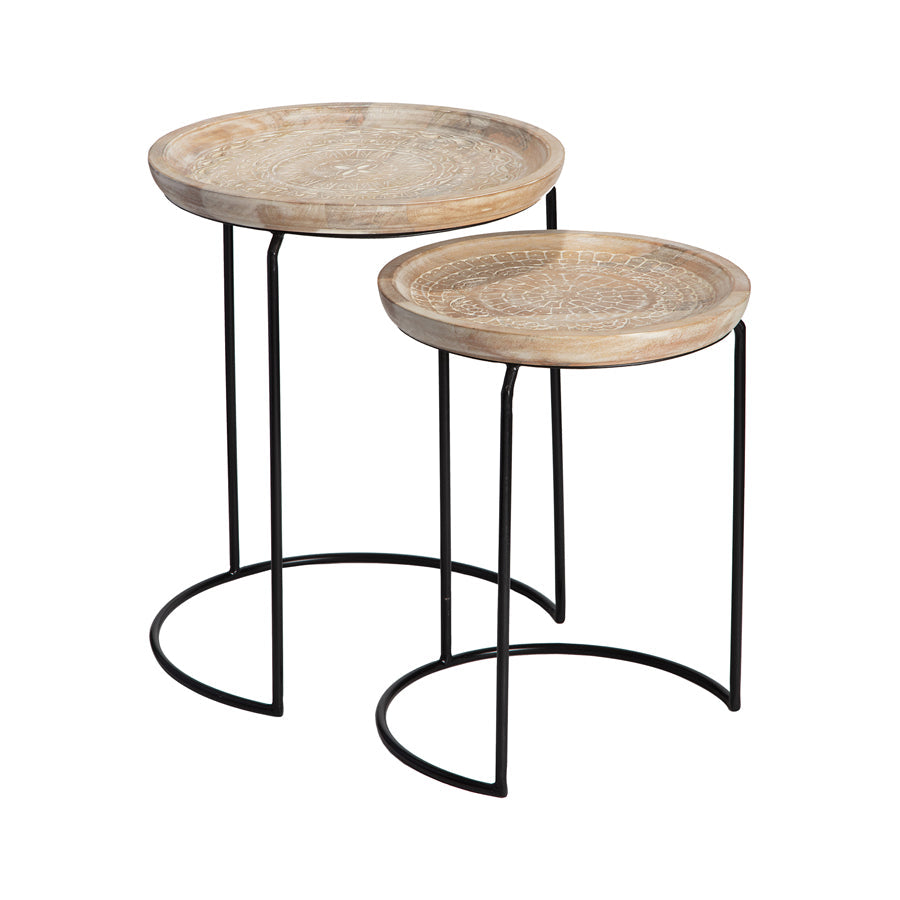 Set/2 Nested Handcrafted Mandala Mango Wood Side Tables 48x61/40x52cm - Millies Home Decor