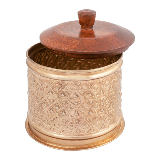 Handcrafted Round Metal Pressed Box w/Mango Wood Lid 14x14x14cm