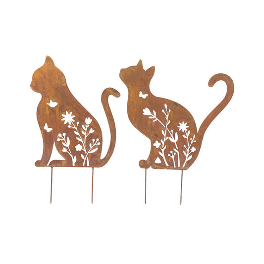 Set/2 Asst Rust Lasercut Sitting Cat Garden Stakes 37.5x0.7x46/29x0.7x47cm