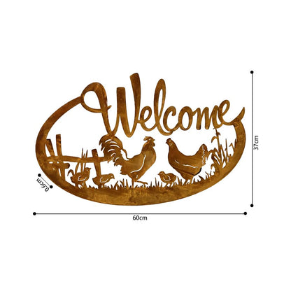 Laser-cut Welcome w/Chicken Family Wall Art 60.5x0.6x37.5cm