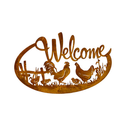 Laser-cut Welcome w/Chicken Family Wall Art 60.5x0.6x37.5cm