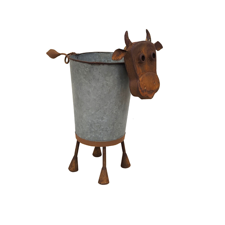 Rusty Cow Planter w/ Galv Pot 32x20x37cm