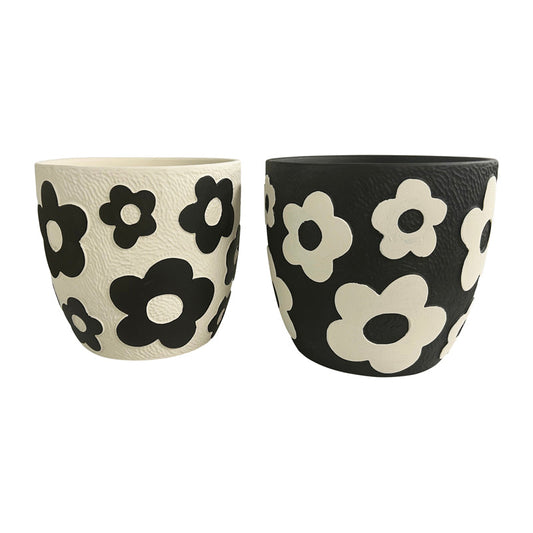 Set/2 Assorted Monochrome Flower Planters w/Hole + Plug 17x17x15.5cm